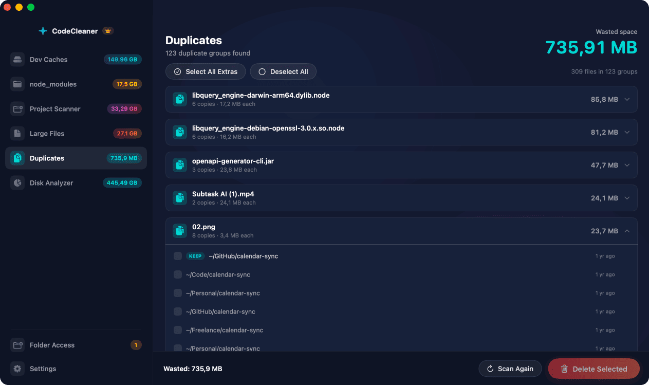 CodeCleaner Duplicate File Detector finding duplicate files across the filesystem, grouped by content hash with wasted space calculations