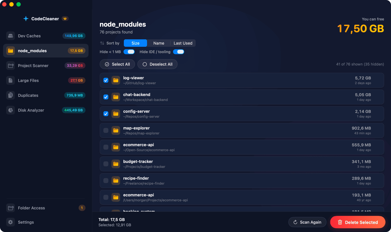 CodeCleaner node_modules scanner listing 298 JavaScript and TypeScript projects totaling 39.55 GB of node_modules folders, sorted by size with filtering options